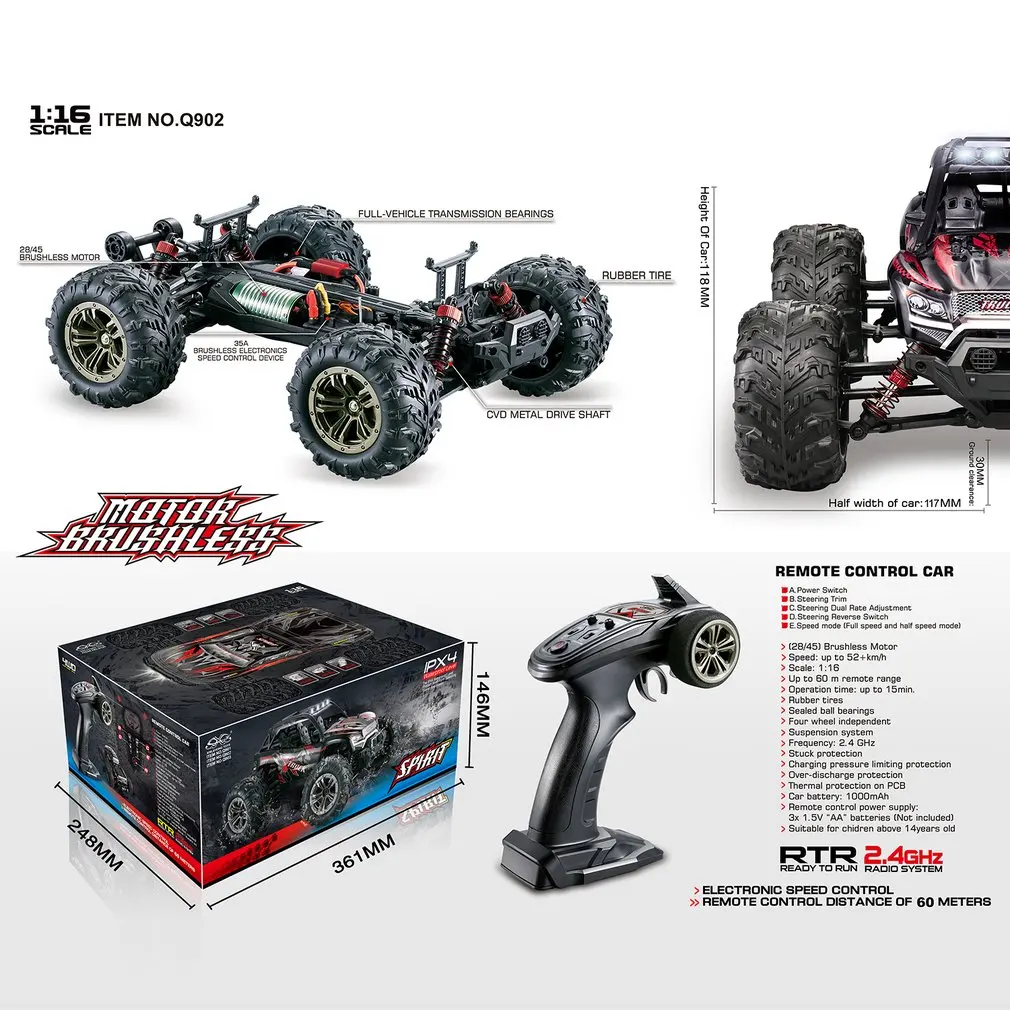 

Q902 1:16 Brushless RC Car 4WD Motors Driving Desert Truck Drive Bigfoot Remote Control Car Model Off-Road Vehicle Toy