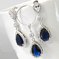 luxurious and fashionable inlaid blue diamond earrings womens romantic bride wedding earrings necklace set party jewelry