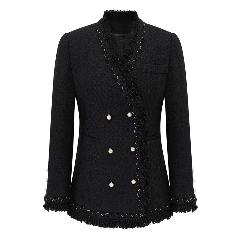 

Korea Style Black White Tweed Jacket 2019 Autumn Winter Women Long Sleeve V Neck Elegant Overcoat Pearls Tassels Cardigan Coat