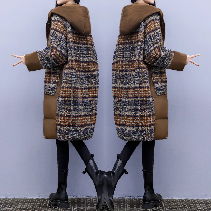 down Cotton-Padded Coat Patchwork Wool Coat New Winter Clothes plus Size Women's Clothing Plaid Woolen Patchwork Cotton-Padde
