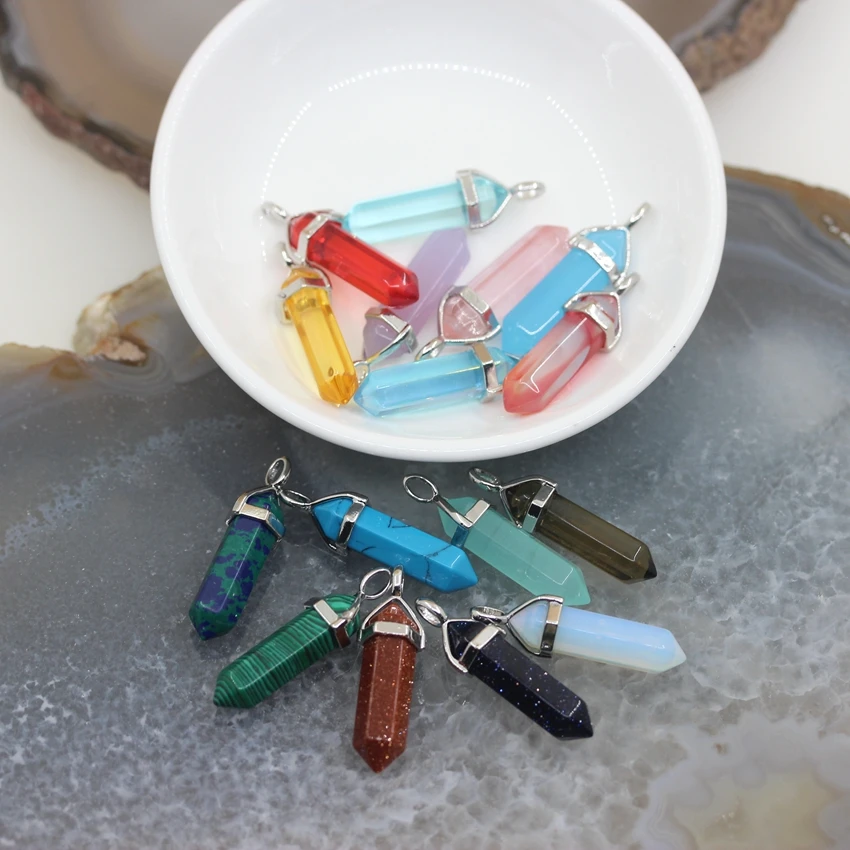 

10pcs,Healing Stone Glass Crystal Reiki Chakra Pendants,Howlite Opal Gems Hexagonal Point Bullet Charms Necklace Jewelry Making