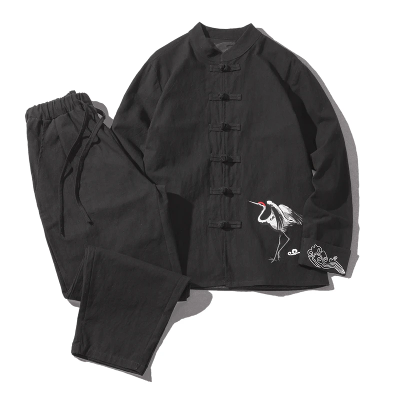 

2020 Chinese Style Suit Crane Embroidery Plus Size Clothes Autumn Disc Button Stand Collar Top Harajuku Casual Pants Men Clothes