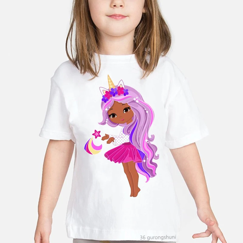 

new summer style Kids t-shirt print brown skin girl melanin rainbow unicorn pattern kawaii girls t shirt harajuku white tops