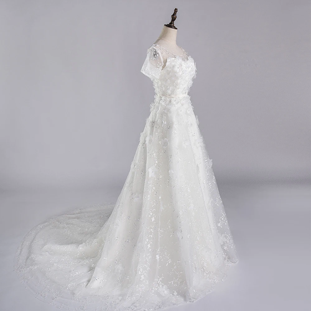 

Dioflyusa Appliques Sequins Beads Wedding Dress Women Short Sleeve Lace Up Tulle Gown Female White Bride Dress Vestido De Noiva