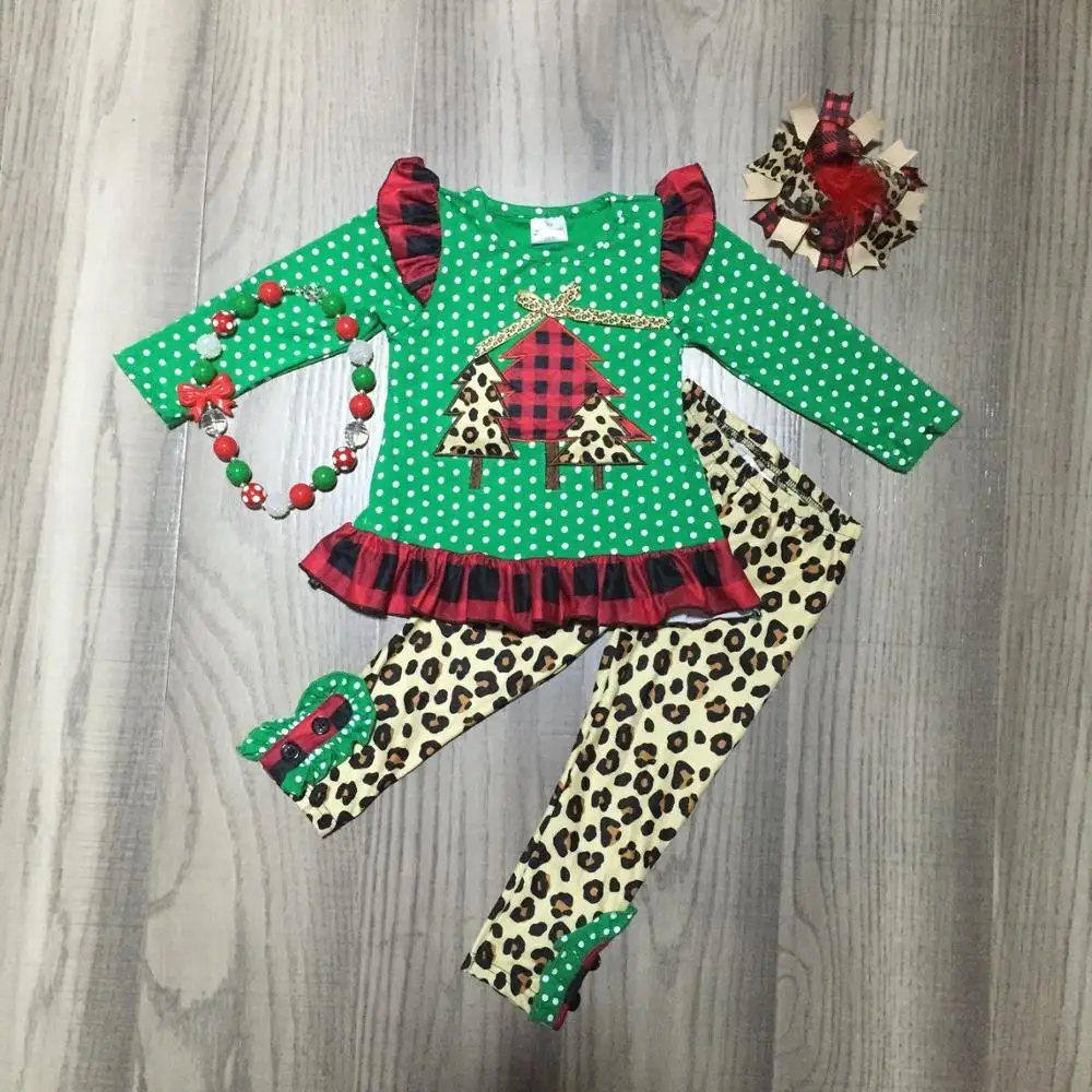 baby Girl winter clothes girls christmas outfits girls tree green top with leopard trousers girls outfits with accessories