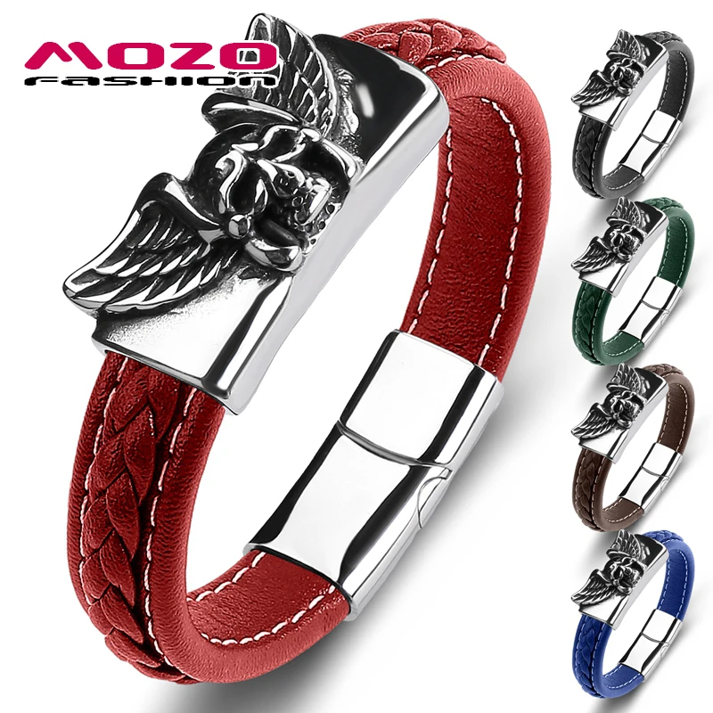 

MOZO Dropshipping Demon Angel Wings Charm Stainless Steel Men Bracelets Genuine Leather Bangles Trendy Hip Hop Jewelry Gifts 128