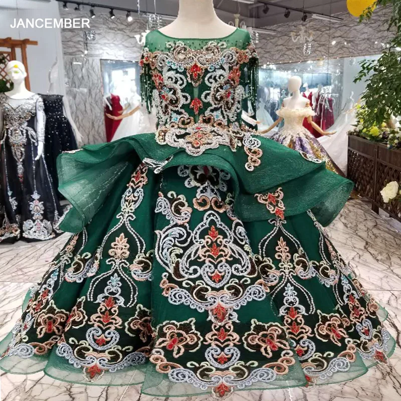 Красивые зеленые пышные платья LS98550 с цветочным принтом для девочек кружевные до