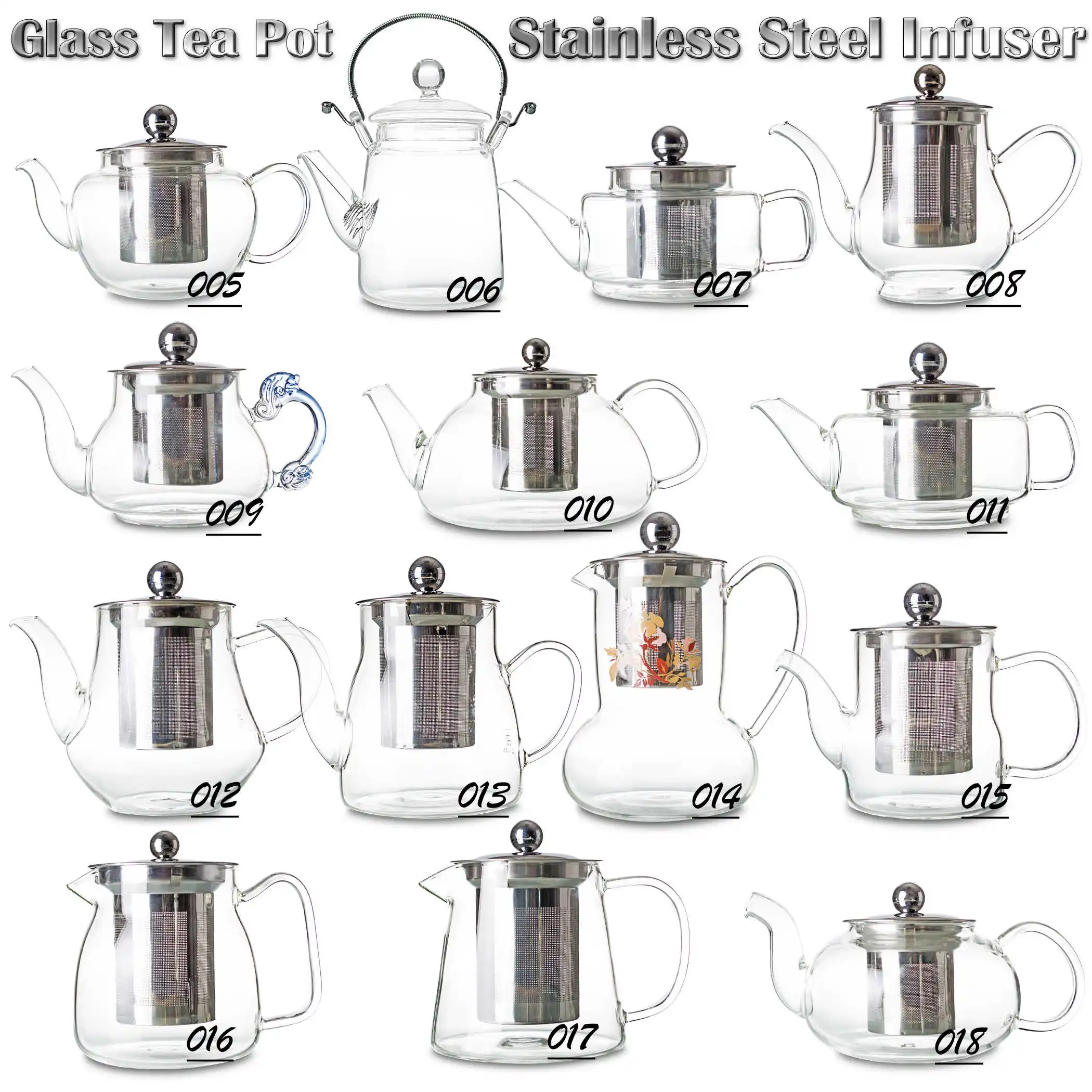 Виды жаростойкого прозрачного стеклянного чайника с заваркой из нержавеющей