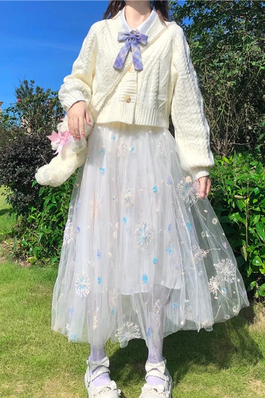 Трехслойная юбка с вышивкой Одуванчик блестками приталенная сетчатая средней