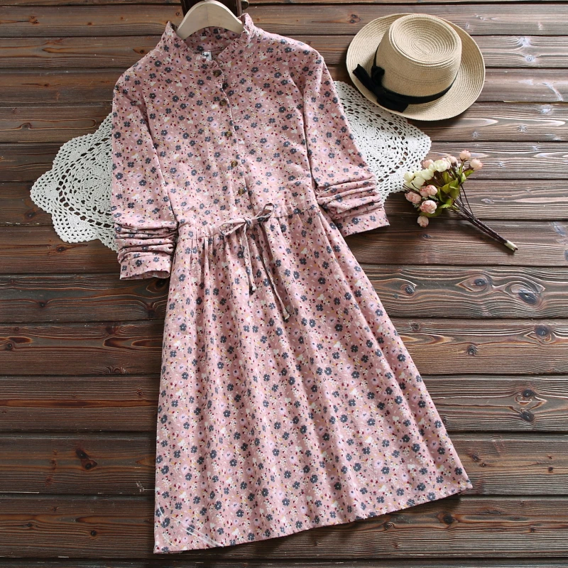 Женское платье с оборками на воротнике розовое синее желтое Хлопковое цветочным