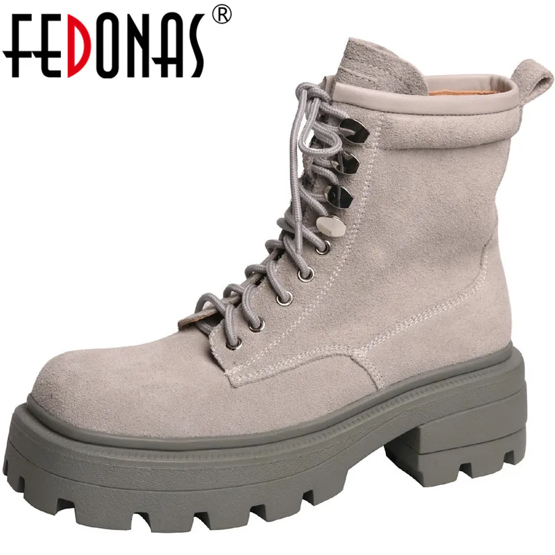 

Женские замшевые туфли FEDONAS, Повседневные Вечерние туфли-лодочки с перекрестной шнуровкой и круглым носком на массивной платформе