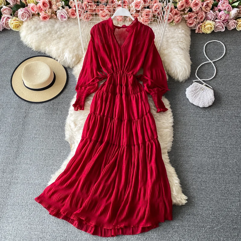 

Vintage Red/Orange/Beige Chiffon Dress Women Elegant V-Neck Lantern Long Sleeve High Waist Party Beach Vestido Female Spring New
