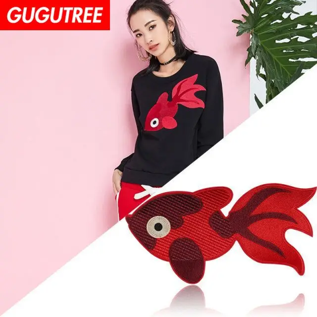 Вышитые блестки GUGUTREE большие нашивки в виде золотой рыбки патчи блестящие для