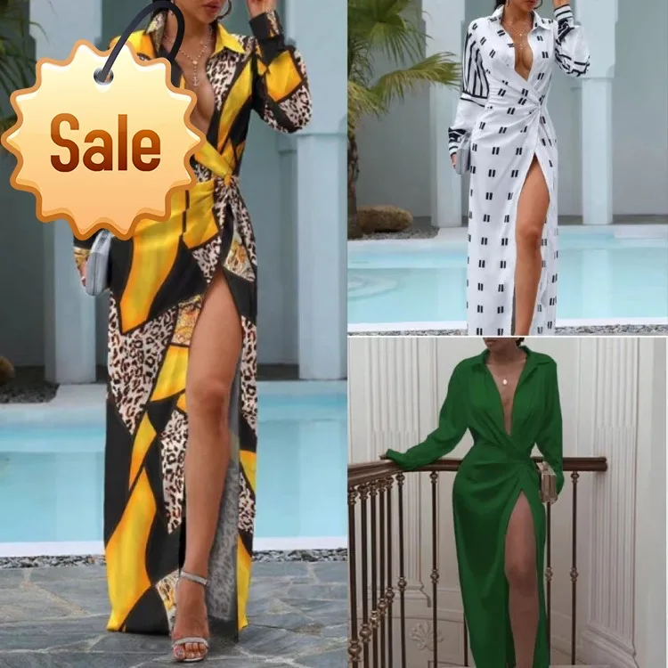 

New lace up split long sleeve print dress