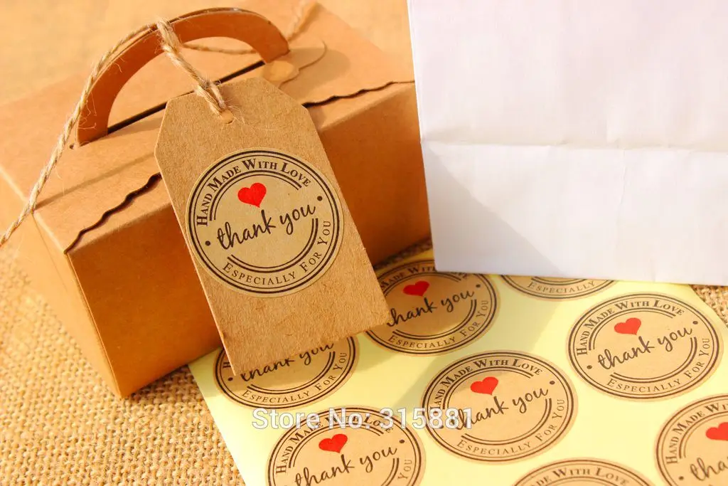 Round heart Kraft Seal Sticker 'Handmade with Love' Paper Material | Дом и сад