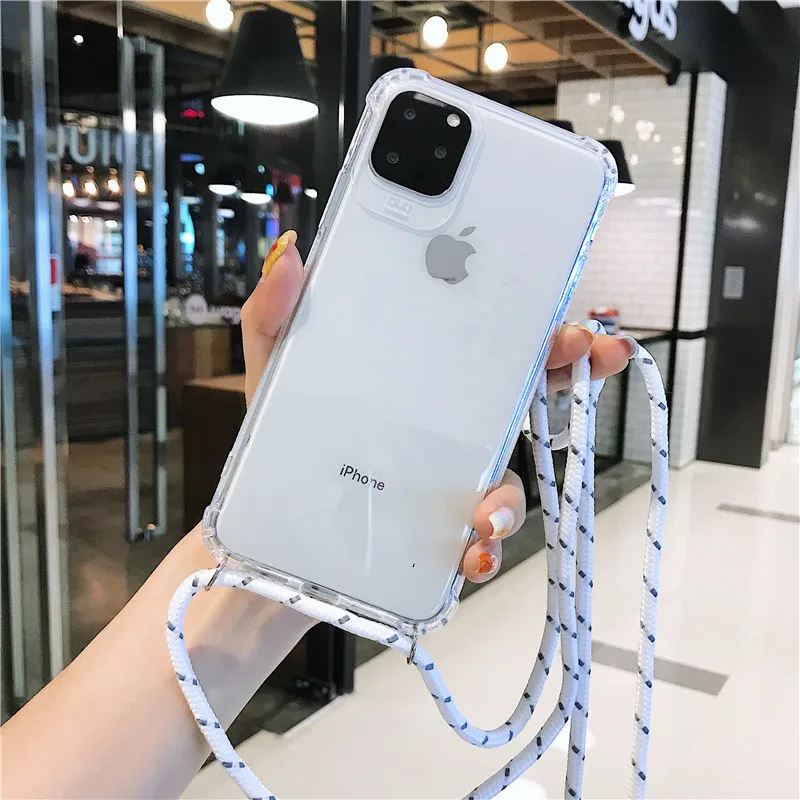 

Crossbody Necklace Cord Lanyards Transparent soft Phone Case For iphone 12 6 6S 7 8 Plus X XR XS 11 Pro Max for samsung S8 S9