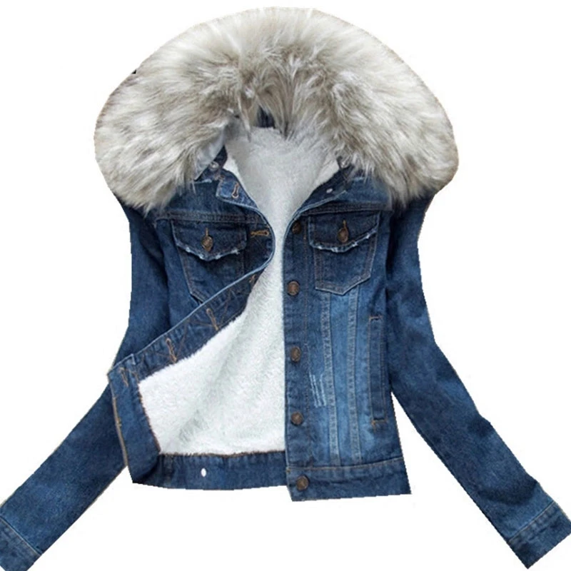 

Fad Winter Fur Collar Denim Jackets Plus Velvet Warm Parka Outerwear Women Cashmere Cotton Coat Girl Vogue Jacket Female New