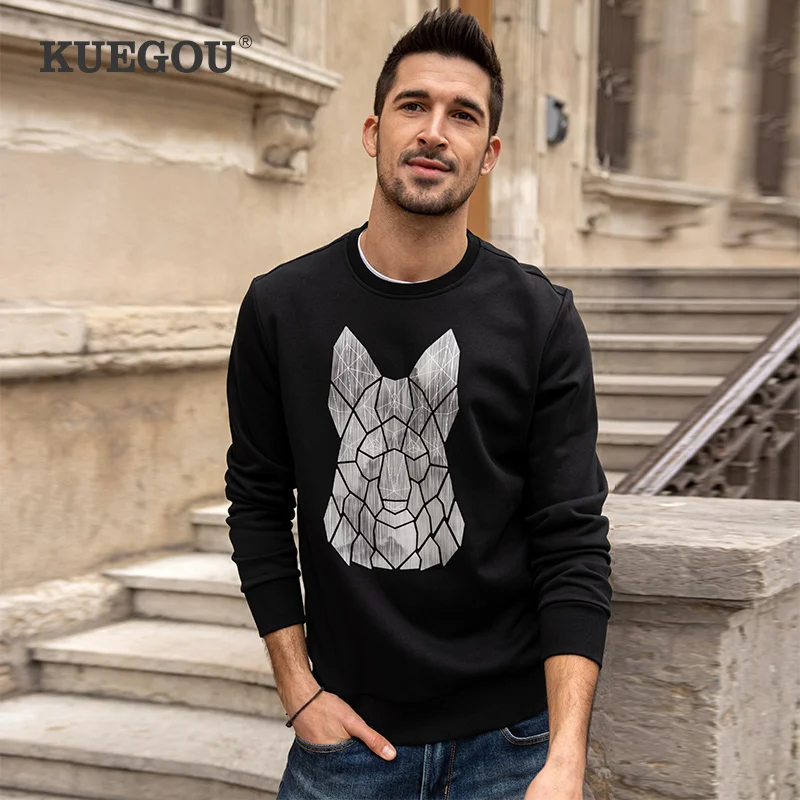 

KUEGOU Autumn Hoodies Fashion Clothing Men's Sweatshirts Jogger Pullover Cartoon Print High Quality Off White Top Plus Size 3258