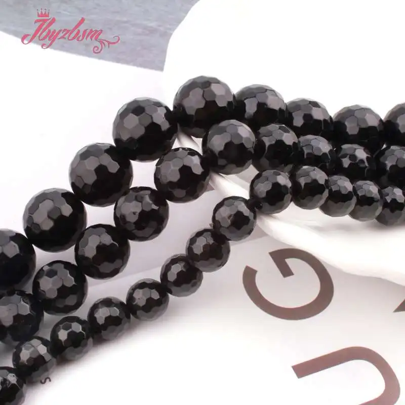 Круглые граненые черные турмалиновые бусины из натурального камня