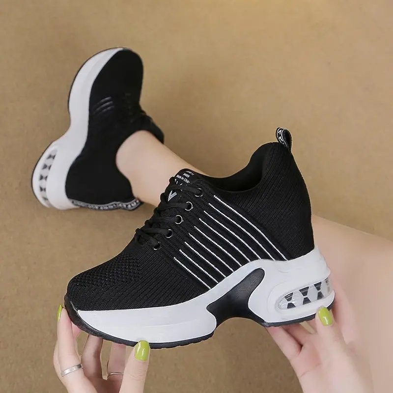 

Height Increasing Women Fashion Sneakers Summer Knitting Wedges Casual Shoes Breathable Lace Up Platform Sneakers