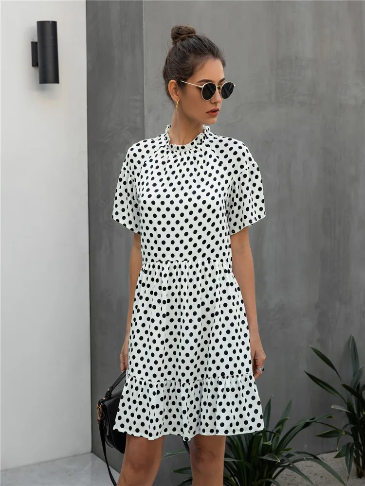 

GOOHOJIO Boho Sweet Dot Print Women Dresses Summer Casual O-Neck Mini Dress Ladies Whtie Dress Beach Sundresses Holiday Vestidos