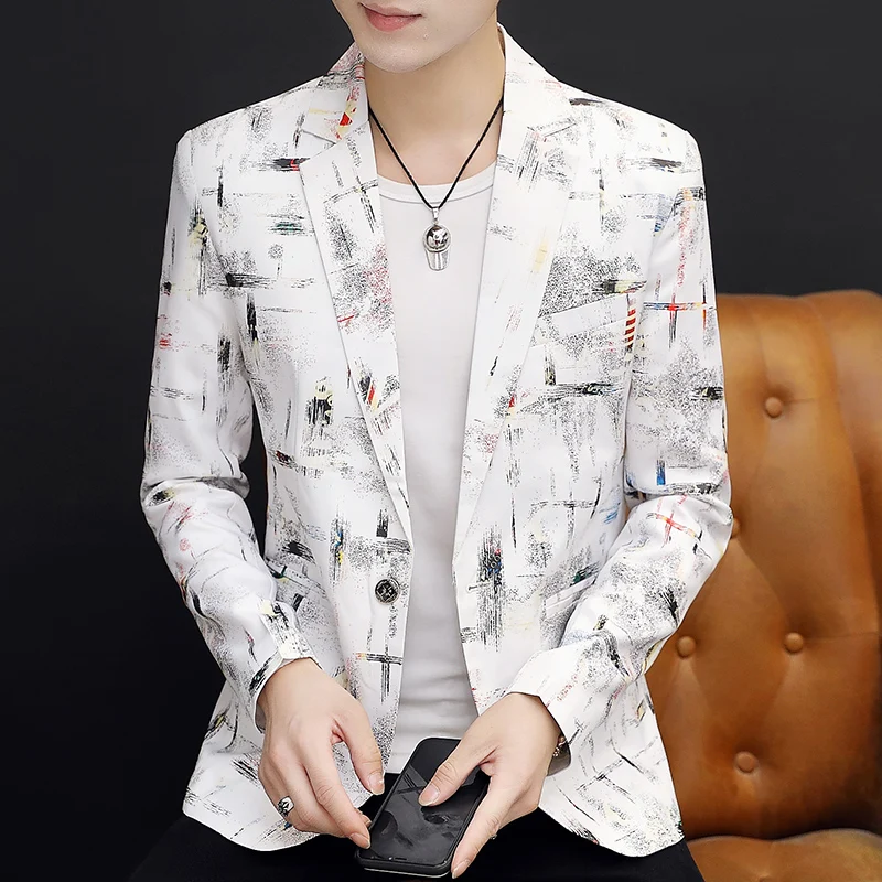 

Модные мужские блейзеры, приталенная Мужская куртка с принтом, черные белые куртки на одной пуговице, D041