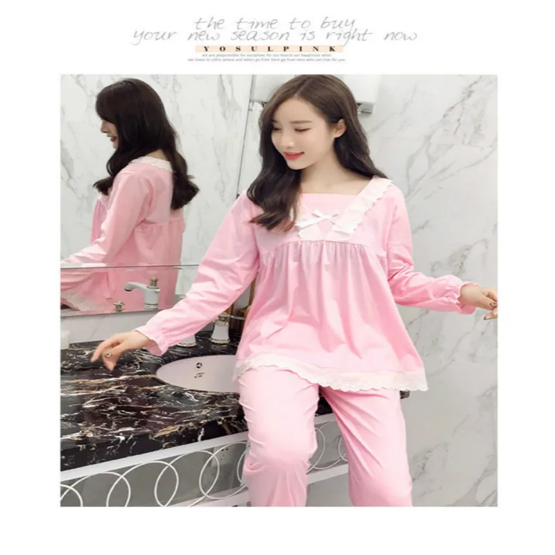 

SWT 2020 Women's Pajamas Spring and Autumn New Pure Cotton Long-sleeved Lace Lovely Girl Korean Version of The Home Clothes Suit