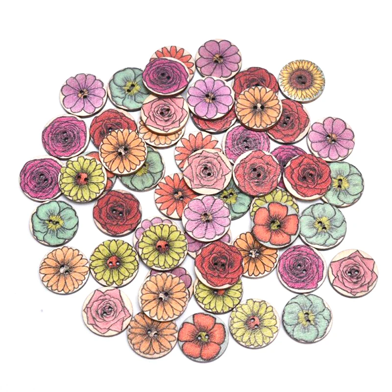 

50pcs/lot Mixed Painting Wooden Buttons For Crafts Scrapbooking Sewing Clothes Button DIY Kid Apparel Supplies 20mm/0.8in