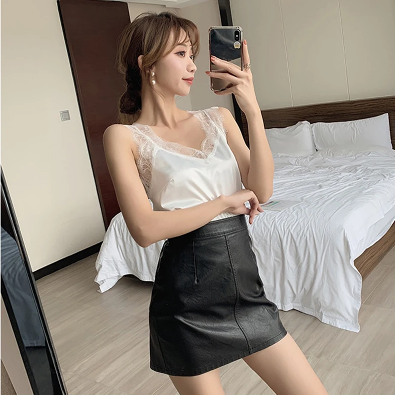 

Women's Satin Summer Tops For Women 2021 V Neck Basic Sleeveless Lace Tank Tops Women Summer Female Silk Top Plus Size White