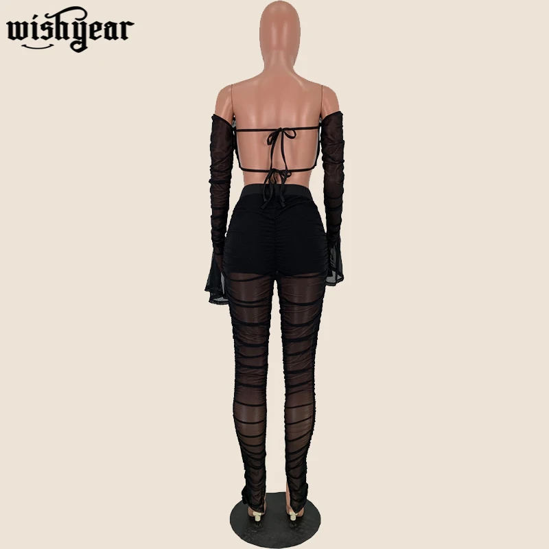 

Women Sexy Sheer Mesh Ruched Two Piece Set Off Shoulder Flare Long Sleeve Crop Top High Waist Pencil Pants Club Suits