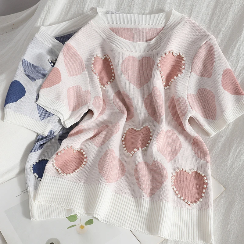 

Korean Summer Love Printed Knitted Top Women Short Sleeve Beading Sweater Female Tops Pink Blue Casual Knitwear