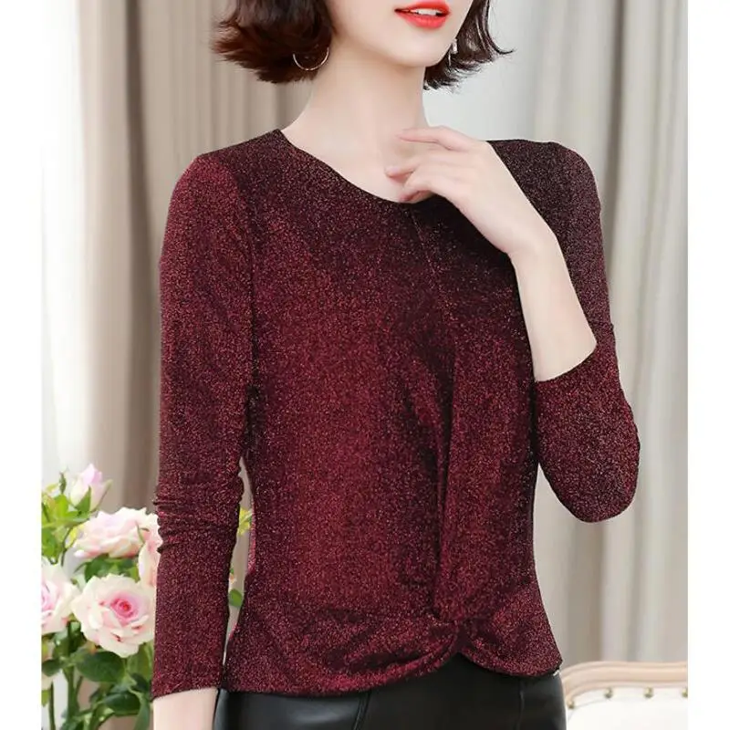 Мода люрекс блузка женские рубашки с длинным рукавом в Корейском стиле блестящие