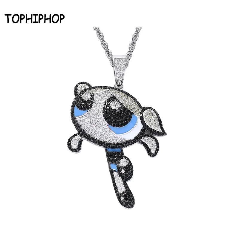 

TOPHIPHOP Powerpuff Girls Cartoon Character Bubbles Iced Out CZ Pendant Mens Silver Necklace Hip Hop Jewelry with Cubic Zircon