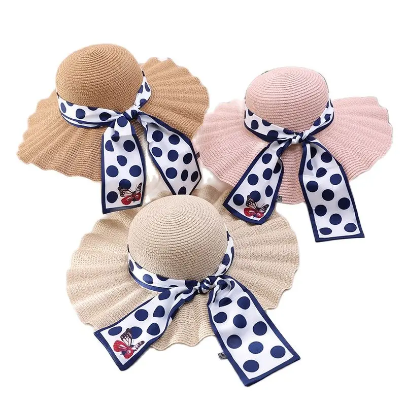 

Summer Women's Wave Dot Ribbon Straw Hat Personality Fashion All-match Ladies Wave Side Big Brim Casual Beach Cap