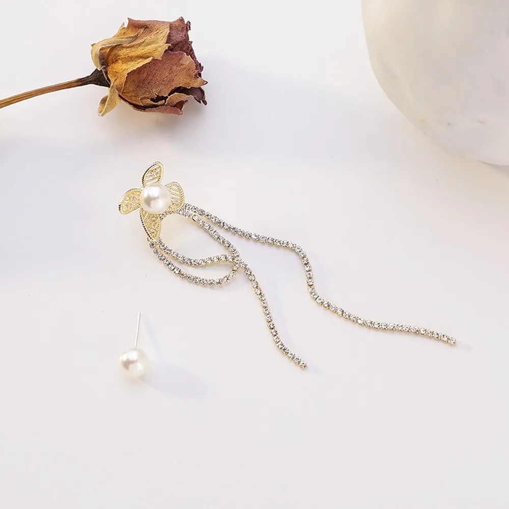 

Dangle Long Fashion Asymmetry Pearl Female Flower Tassel Popular Crystal Earrings For Women Jewelry
