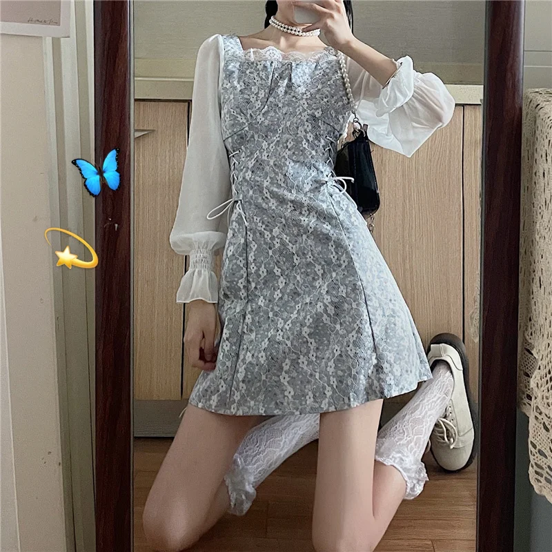 

French Vintage White Floral Printed Women Dress Spring Autumn Preppy Style Gauze Fake Two Long Petal Sleeve Party Dress Vestidos