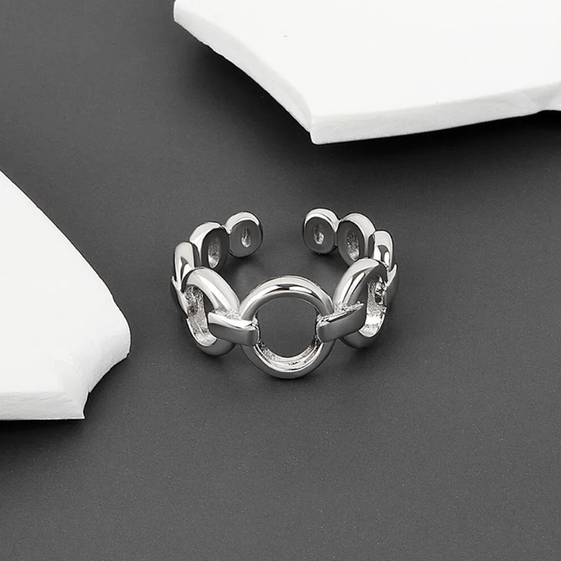 

New Occident Trendy Chain Women Ring Creative 925 Sterling Silver Jewelry Gift A Row Circle Rings Girl Party Accessories KOFSAC