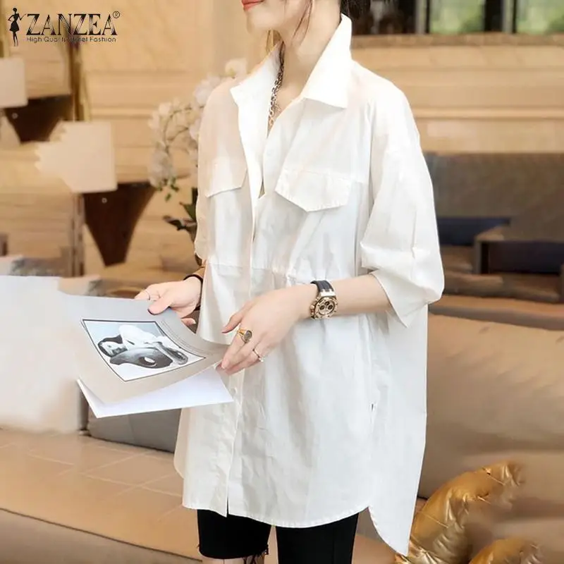 

ZANZEA Women's Autumn Solid Blusas Chemise Casual Pockets Tops Femme Elegant Oversize Turn-Down-Collar Button Officewear Blouse