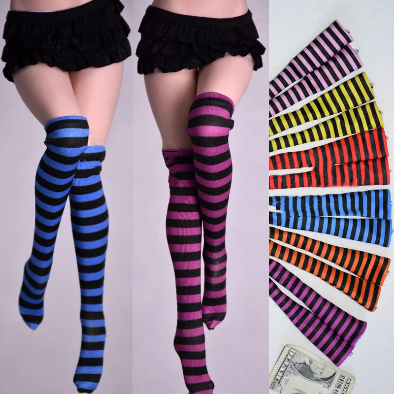 

1/6 Scale Female Long Tube Stockings knee-Length Striped Socks Fit 12 Inch Female TBLeague Phicen Action Figure Body Doll