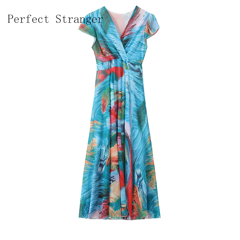 

2021 Spring Summer New Arrival Elegant Hot Sale V Collar Color Block Women Long Chiffon Dress Plus Size M-4XL