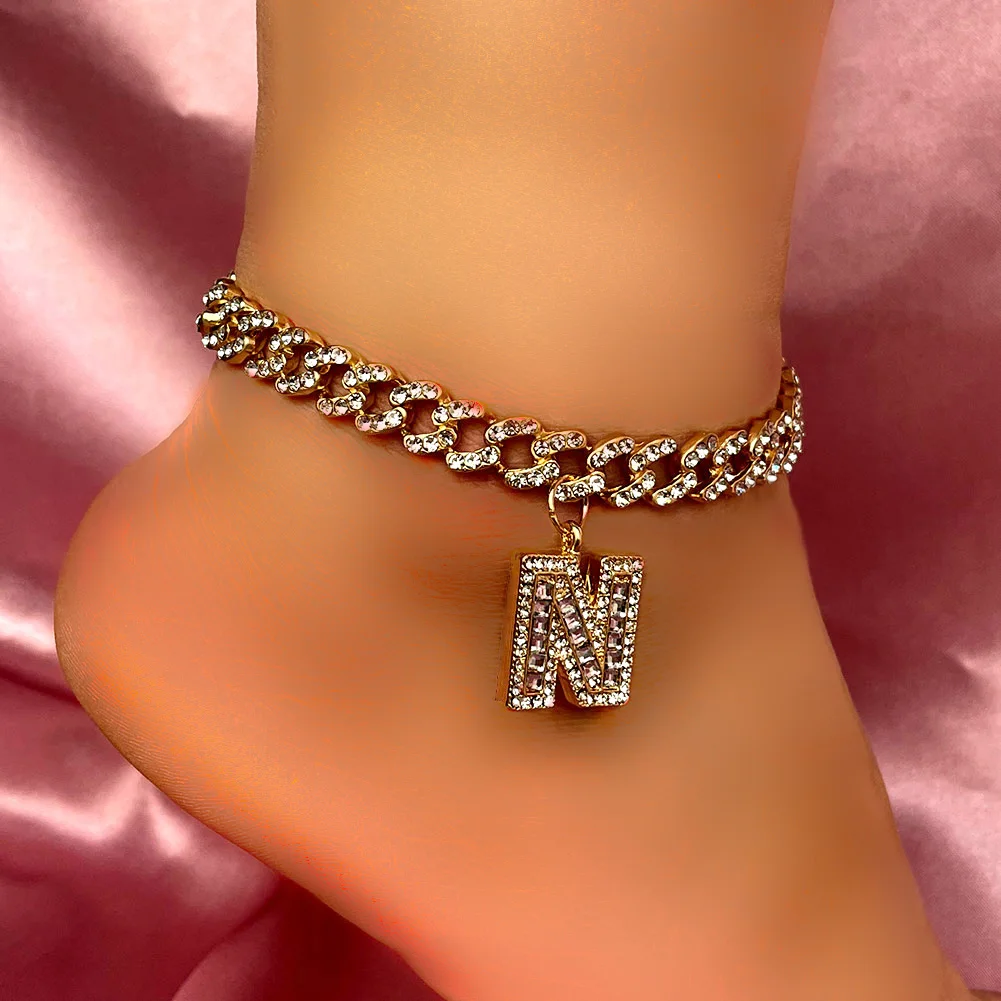 Hip Hop Initial Letters Pendants Cuban Link Chain Letter Anklet For Women Iced Out Baguette A-Z Initials Chunky Anklets Jewelry | Украшения