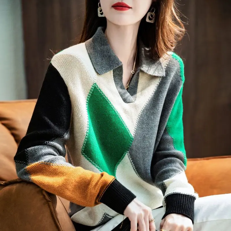 

Retro hit color women's sweater fashion v-neck pullover female 2021 autumn and winter Korean women's knitted top