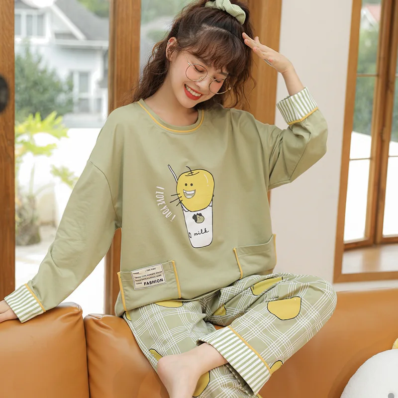 

Pajamas Pure Cotton Long-sleeved Cartoon Winter Ladies Student Home Service Two - Piece Suit Kawaii Spring and Autumn