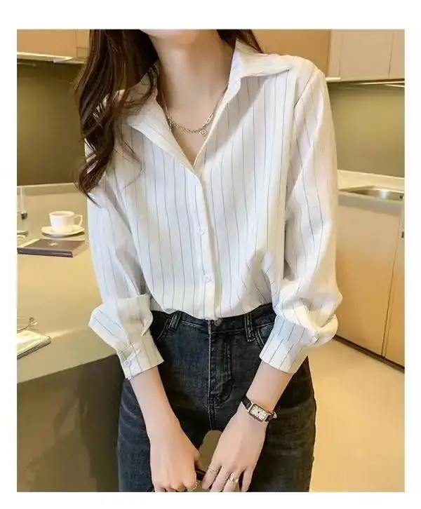 

Houthion Chiffon Slim Women's Blouses New Casual Blouse Fashion Long Sleeve Top Stripe Buttons Polo Shirt Summer Lady Shirts