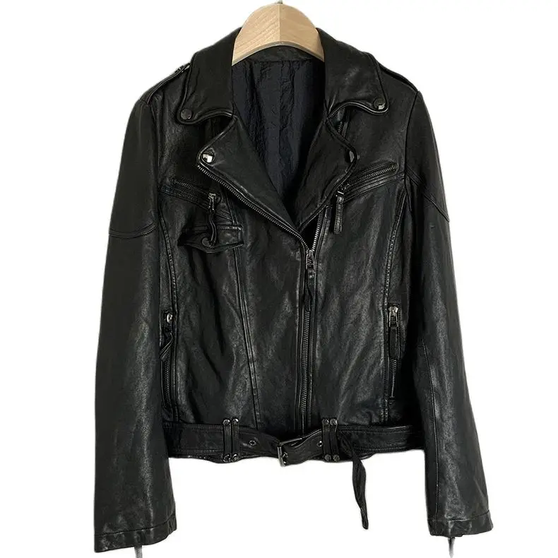 Chaquetas cortas de piel de oveja para mujer, abrigos de cuero con cinturón adelgazante, chaquetas de invierno de cuero para motocicleta