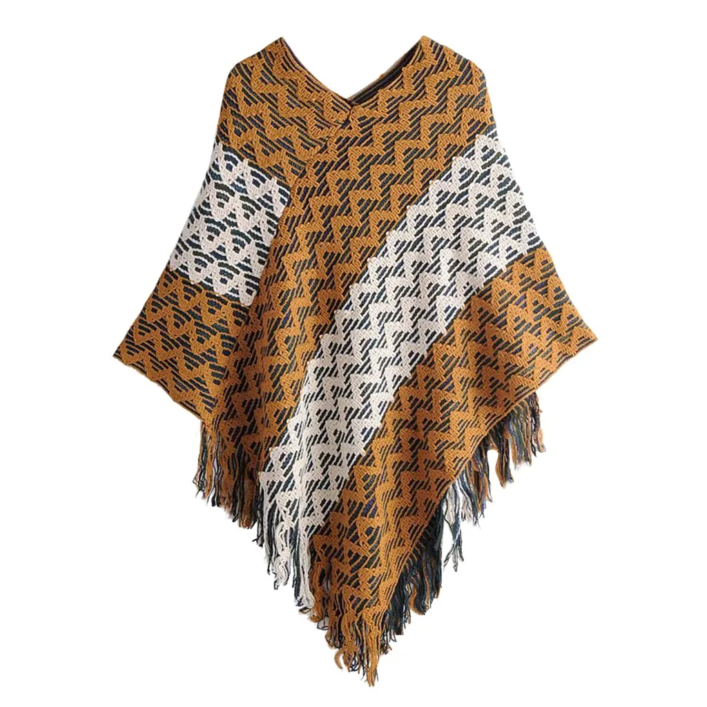 Женская накидка с жемчужным принтом зимний лоскутный свитер бахромой и рукавом