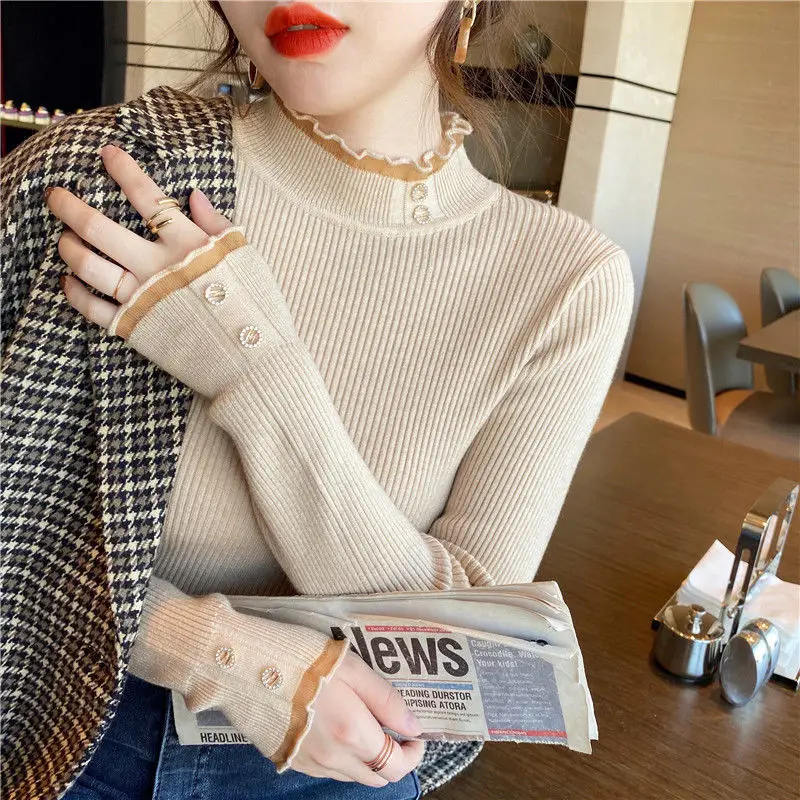 

2021 new white bottomed sweater women's half high collar spring and autumn with lace spring top slim knit sweater [delivery