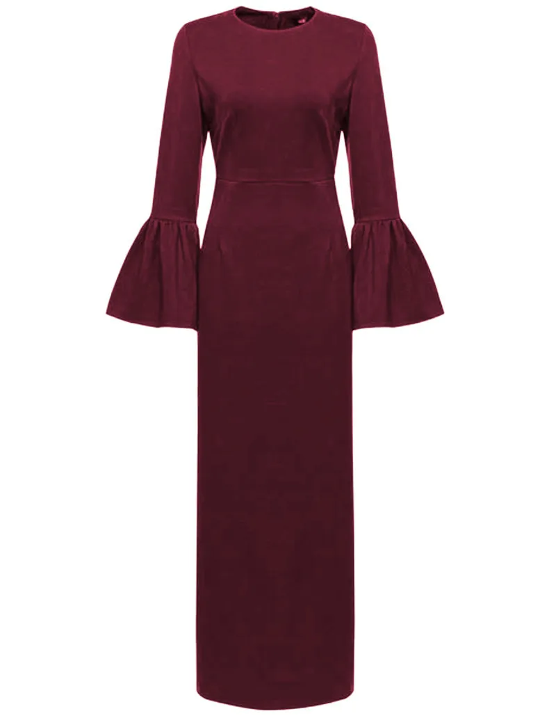 

2019 Elegant Muslim Turkey Fashion Simple Solid Color Trumpet Sleeve Dress Abayas Islimic For Women Long Sleeve Dress