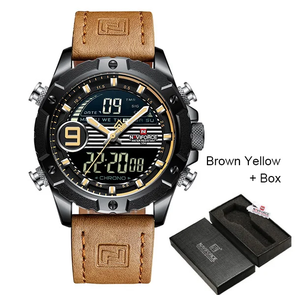 NAVIFORCE Reloj Hombre, наручные мужские часы, Лидирующий бренд, роскошные, натуральная кожа, кварцевые часы, спортивные часы, мужские Relogios Masculino - Цвет: Brown Yellow Box