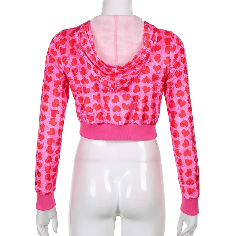 

Sweetown Pink Velvet Cute Y2K Hoodies Women Heart Print Kawaii Jackets Zip Up Long Sleeve Cropped Sweatshirts Autumn Tops 2021